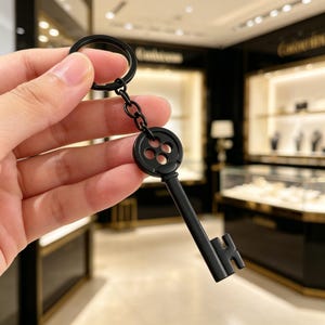 May include: A black key-shaped keyring with a circular top featuring four holes. The key has a long, straight stem and a classic key bit. The keyring is attached to a chain and a round ring.