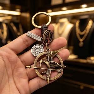 Könnte beinhalten: Ein Schlüsselanhänger aus bronzefarbenem Metall mit einem kreisförmigen Spotttölpel-Emblem samt Pfeil, einem kleinen runden Zielscheiben-Anhänger und einem rechteckigen Metallschild mit Gravur. Die Anhänger sind an einem Ring befestigt.