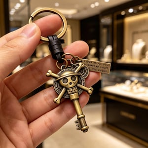 May include: A bronze-colored key chain featuring a skull and crossbones design, with the words "ONE PIECE" inscribed on a circular emblem. The key chain includes a leather strap and a metal ring. A small rectangular tag reads "I feel about you. Makes my heart tos be free."