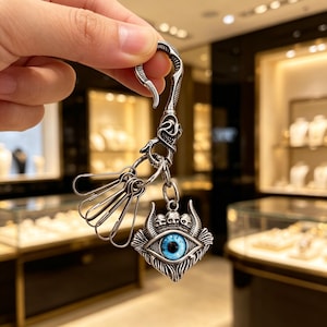 Puede incluir: Un llavero de metal plateado con un cierre de gancho y un colgante en forma de ojo estilizado con un iris azul brillante. El colgante está adornado con tres pequeñas calaveras en la parte superior y detalles grabados en toda la pieza.