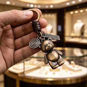 Può includere: Portachiavi a forma di orsetto color bronzo con un design circolare e un'etichetta rettangolare con la scritta "FEEL ABOUT..." attaccata a un cinturino in pelle e un anello color oro. Il portachiavi è tenuto in mano.