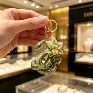 Handcrafted Jade Green Snake & Orchid Keychain Gold Tone Floral Serpent Key Ring Birthday Party Gift Elegant Women Accessory