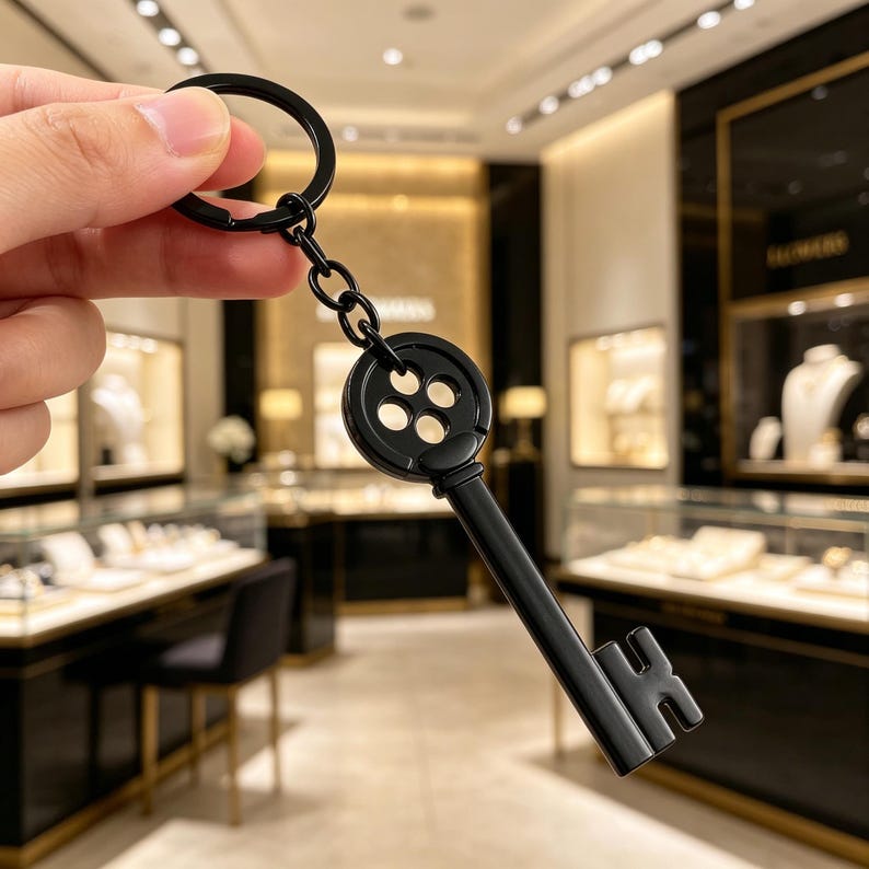 May include: Black key-shaped keyring with a circular top featuring four small holes. The keyring has a ring and chain attachment. The background is a jewellery store with display cases and bright lighting.
