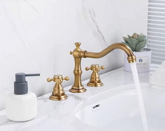 Grifo de lavabo antiguo de latón para baño, 3 orificios, montaje en encimera, doble manija, agua caliente y fría.