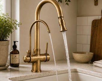 May include: A dual-spout kitchen faucet in an antique brass finish with water flowing from both outlets. The faucet features a high-arc main spout and a smaller secondary spout, with a lever handle and a knob control. The text RoseByBerry is visible.
