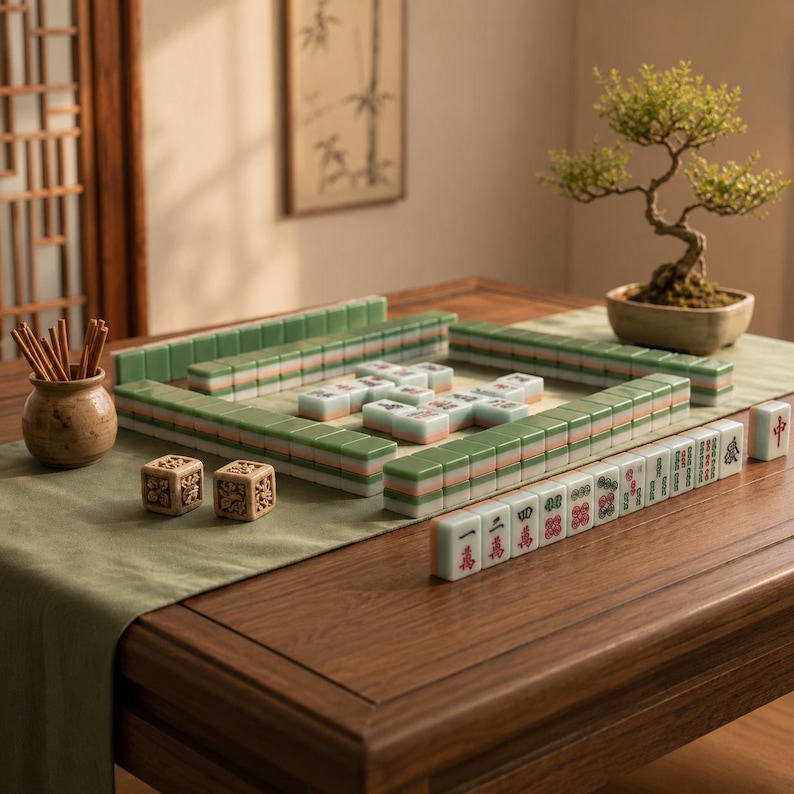 May include: A Mahjong set featuring rectangular tiles with green backs and white faces displaying various red and black Chinese characters and symbols. The set includes two carved wooden dice and a small wooden container holding wooden sticks.