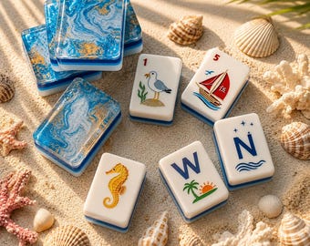 Ocean Collection Mahjong Tiles , Acrylic Mahjong Tiles, includes mermaid wild cards sailboat and seashell designs, mahjong lover gifts