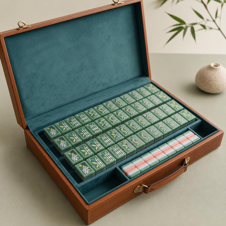 May include: A brown leather-like carrying case with a teal velvet interior containing a set of green mahjong tiles with bamboo and floral designs, alongside a separate row of plain white and pink tiles, featuring a metal handle and latch.