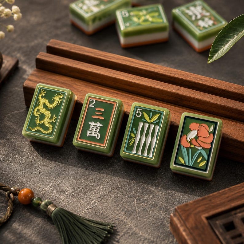 May include: Four rectangular green Mahjong tiles arranged in a row on a dark wooden stand. The tiles feature gold and white engraved designs including a dragon, the number 2 with Chinese characters, a bamboo pattern with the number 5, and a flower.