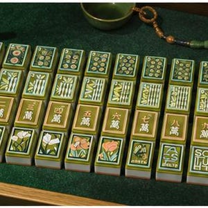 May include: A set of rectangular mahjong tiles arranged in rows, featuring green borders and white bases. The tiles display various illustrations including floral patterns, bamboo stalks, and Chinese characters, with some tiles showing the letters A, C, S, and T.