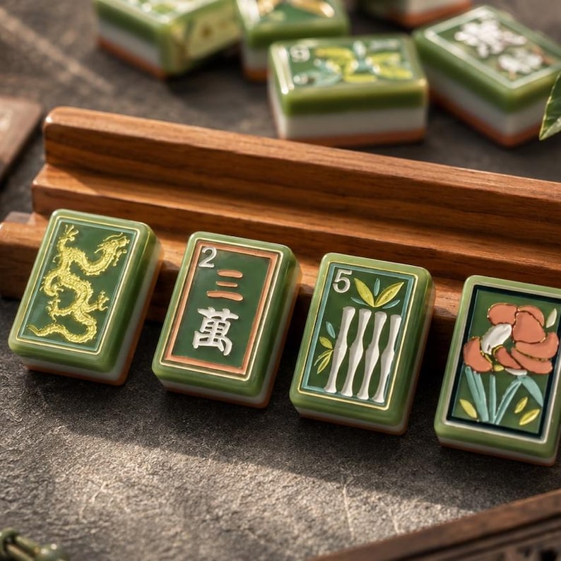 May include: A set of rectangular mahjong tiles with green, white, and orange layers, featuring gold-toned embossed designs including a dragon, Chinese characters, bamboo stalks, and a flower, arranged on a wooden rack with additional tiles nearby.