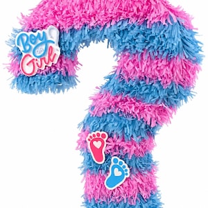 Puede incluir: Una piñata grande en forma de signo de interrogación, decorada con rayas alternas de papel con flecos rosa y azul. La piñata tiene dos pequeñas pegatinas con huellas de bebé y una pegatina de "Boy or Girl".