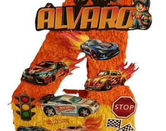 Personalized number 4 piñata with a car theme, perfect for a children's birthday party, racing party decorations, handmade piñata, birthday car piñata