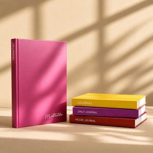 Op de afbeelding: Een felroze dagboek staat rechtop met het woord JOURNAL op de rug en Mathilda in cursief schrift op de kaft. Daarnaast ligt een stapel van drie dagboeken in geel, paars en rood met de teksten JOURNAL, DAILY JOURNAL en MOOD JOURNAL op de ruggen.