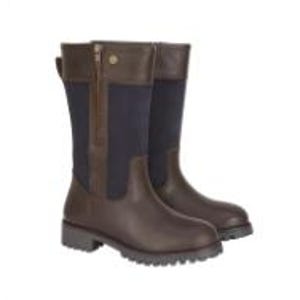 May include: A pair of mid-calf boots featuring dark brown leather on the lower foot and top cuff, contrasted by dark navy blue fabric panels on the shaft. The boots include a vertical side zip, a small metallic stud detail, and a thick lugged sole.