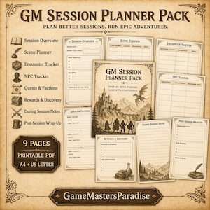 Può includere: Un pacchetto di pianificazione della sessione GM PDF stampabile con 9 pagine. Il design presenta un tema fantasy con illustrazioni di un castello, un drago e avventurieri. Include sezioni per la panoramica della sessione, la pianificazione della scena e il monitoraggio degli incontri.