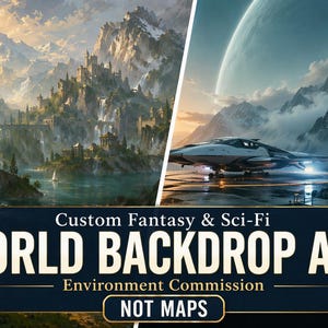 May include: A split image showcasing fantasy and sci-fi world backdrop art. The left side depicts a fantasy landscape with mountains, a lake, and a bridge. The right side shows a futuristic cityscape with a spaceship. Text reads "Custom Fantasy & Sci-Fi WORLD BACKDROP ART Environment Commission NOT MAPS."