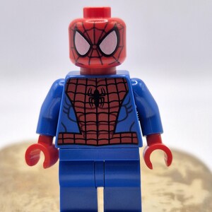 Peut inclure: Une figurine Lego Spider-Man. La figurine a une tête rouge avec des détails d'yeux blancs et un motif de toile d'araignée rouge et noir. Le torse est bleu avec un motif de toile d'araignée rouge et un emblème d'araignée noir. Les bras et les jambes sont bleus, et les mains sont rouges.