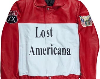 Lost Americana Red White Bomber Jacket – Retro Streetwear Varsity Windbreaker Coat