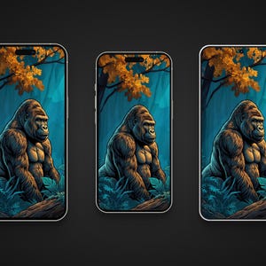 May include: Three smartphones displaying a digital illustration of a gorilla. The gorilla is brown and muscular, set against a teal background with foliage and golden-orange autumn leaves. The phones are on a dark surface.