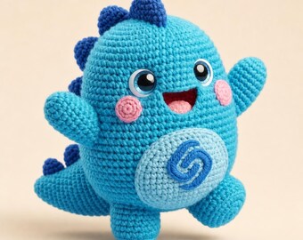 Blue Crochet Dinosaur Amigurumi Plush, Handmade Kawaii Dino Stuffed Animal, Nursery Decor