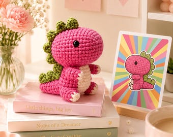 Handmade Pink Crochet Dinosaur Plush, Amigurumi Dino Toy, Kawaii Stuffed Animal, Desk Decor