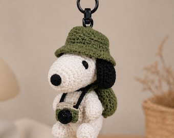 Snoopy Style Crochet Dog Keychain, White Puppy Amigurumi Bag Charm, Adventure Backpack Clip