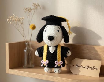 Snoopy Graduation Amigurumi Doll, Handmade Crochet Plush Dog Keepsake