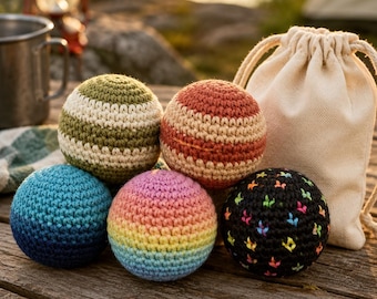 Handmade Crochet Hacky Sack Set, Colorful Footbag Fidget Toy, Outdoor Camping Game Ball