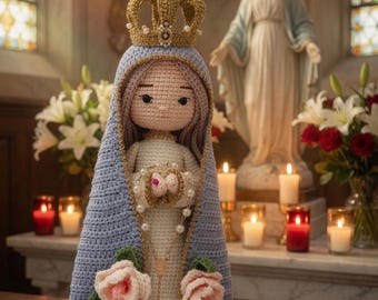 Handmade Virgin Mary Crochet Doll, Amigurumi Religious Keepsake, Rosary Prayer Decor