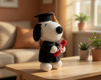 Crochet Graduation Puppy Plush – Snoopy Amigurumi Dog with Cap and Gown