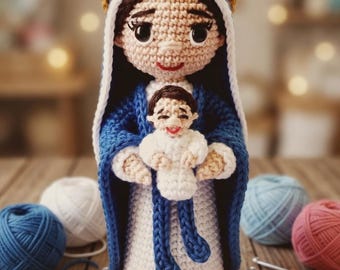 Crochet Virgin Mary Holding Baby Jesus Figurine | Handmade Catholic Amigurumi Doll