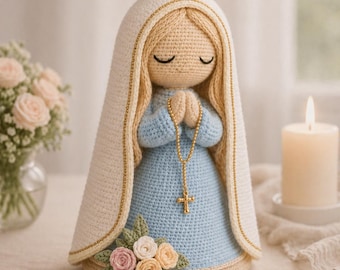 Handmade Virgin Mary Amigurumi Doll, 15cm Catholic Prayer Figure, Religious Keepsake Decor