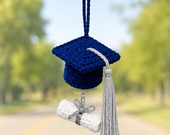 Crochet Graduation Cap Charm, Mini Diploma Ornament, Class of 2026 Car Decor