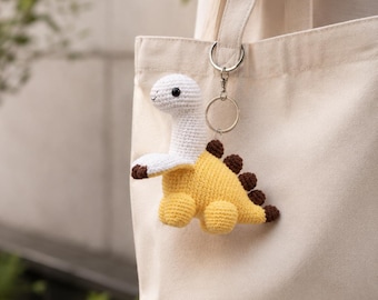 Crochet Banana Dinosaur Plush Keychain, Handmade Amigurumi Dino Bag Charm