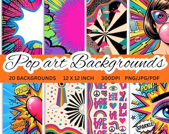 May include: A collection of twenty digital pop art backgrounds featuring vibrant comic book style graphics, including speech bubbles, retro patterns, hearts, rainbows, and stylized eyes, with text reading Pop art Backgrounds 20 BACKGROUNDS 12 X 12 INCH 300DPI PNG/JPG/PDF.