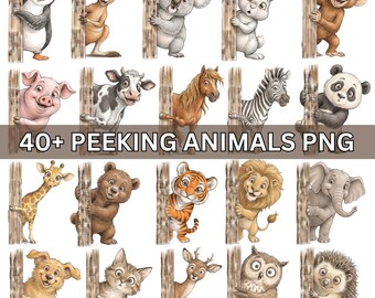 May include: A collection of digital illustrations featuring various animals including a penguin, kangaroo, koala, rabbit, monkey, pig, cow, horse, zebra, panda, giraffe, bear, tiger, lion, elephant, dog, cat, deer, owl, and hedgehog peeking from behind wooden posts.