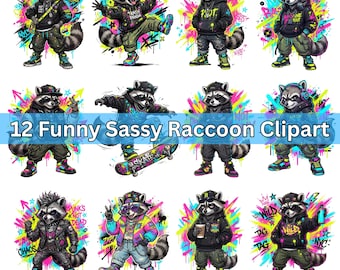 May include: A collection of 12 digital illustrations featuring anthropomorphic raccoons in streetwear, including hoodies, caps, and trainers, set against vibrant neon graffiti-style paint splatters with the text 12 Funny Sassy Raccoon Clipart.