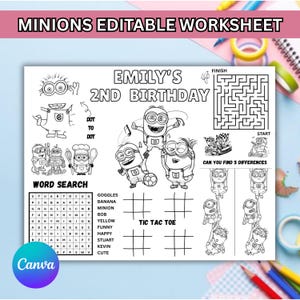 Pode incluir: Uma folha de atividades imprimível em preto e branco intitulada EMILY'S 2ND BIRTHDAY com personagens Minions. A folha inclui um labirinto, um caça-palavras, grades de jogo da velha, uma seção de ligar pontos e um jogo de encontrar diferenças.