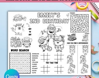 May include: A black and white printable activity sheet titled EMILY'S 2ND BIRTHDAY featuring Minion characters. The worksheet includes a maze, a word search, tic-tac-toe grids, a dot-to-dot section, and a find the differences game.