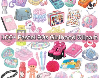 May include: A collection of 90s-themed digital illustrations featuring a lava lamp, purple telephone, handheld game consoles, a pink television, a unicorn, a troll doll, platform shoes, a fuzzy diary, jewellery, and various nostalgic accessories.