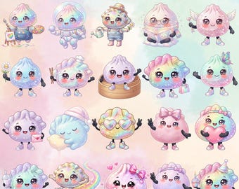 May include: A digital collection of 20 glittery dumpling characters in various poses and outfits, featuring pastel rainbow colours, large expressive eyes, and sparkling textures. The text 20 CUTE GLITTERY DUMPLING PNG is displayed at the top of the image.