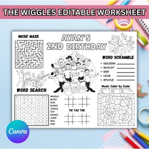 May include: A black and white printable activity sheet titled THE WIGGLES EDITABLE WORKSHEET featuring AYAN'S 2ND BIRTHDAY. The page includes a music maze, word scramble, word search, tic tac toe games, and a music color by code section.