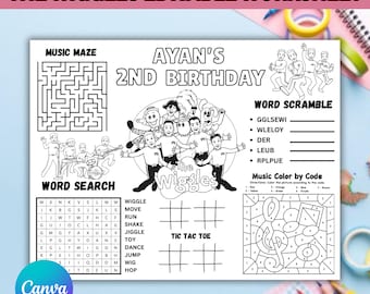 May include: A black and white printable activity sheet titled THE WIGGLES EDITABLE WORKSHEET featuring AYAN'S 2ND BIRTHDAY. The page includes a music maze, word scramble, word search, tic tac toe games, and a music colour by code section.