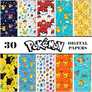 May include: A collection of 30 digital papers featuring various Pokémon patterns, including Pikachu, Eevee, Poké Balls, lightning bolts, berries, and tropical themes in vibrant colors like yellow, blue, red, and dark purple with the text Pokémon.