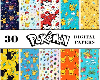 May include: A collection of 30 digital papers featuring various Pokémon patterns, including Pikachu, Eevee, Poké Balls, lightning bolts, berries, and tropical themes in vibrant colors like yellow, blue, red, and dark purple with the text Pokémon.