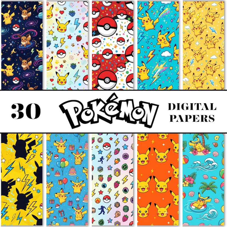 May include: A collection of 30 digital papers featuring various Pok&eacute;mon patterns, including Pikachu, Eevee, Pok&eacute; Balls, lightning bolts, berries, and tropical themes in vibrant colors like yellow, blue, red, and dark purple with the text Pok&eacute;mon.