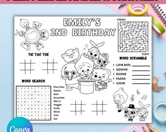 May include: A black and white printable activity worksheet titled EMILY'S 2ND BIRTHDAY featuring Plim Plim characters. The sheet includes a maze, tic tac toe grids, a word search, and a word scramble game with various cartoon animal illustrations.