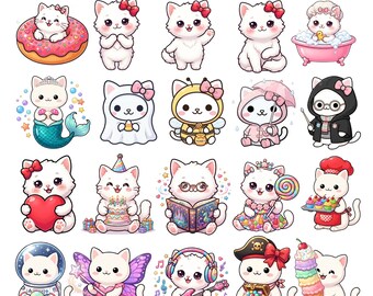 May include: A digital collection of 40 cute kawaii kitty PNG illustrations featuring white cats in various costumes and activities, including a mermaid, a bee, a baker, an astronaut, and a pirate, all set against a plain white background.
