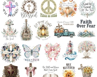 May include: A collection of 100+ digital graphic designs featuring Christian-themed illustrations including crosses, floral wreaths, butterflies, vintage trucks, lighthouses, and sunflowers, accompanied by inspirational text and Bible verses.